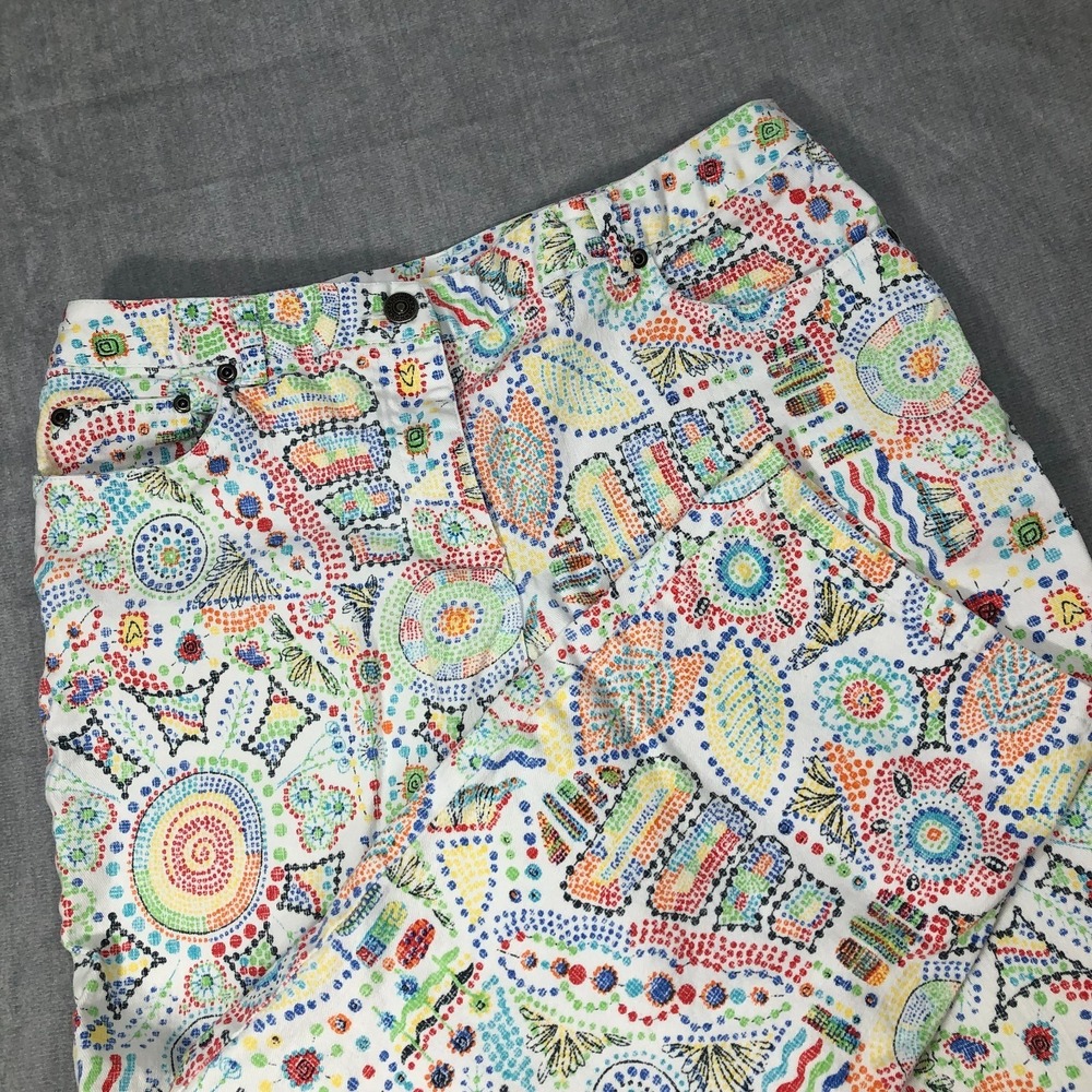 Ruby Rd Jeans Women's Size 8 White Geometric Floral Leaf Colorful Boho Artsy